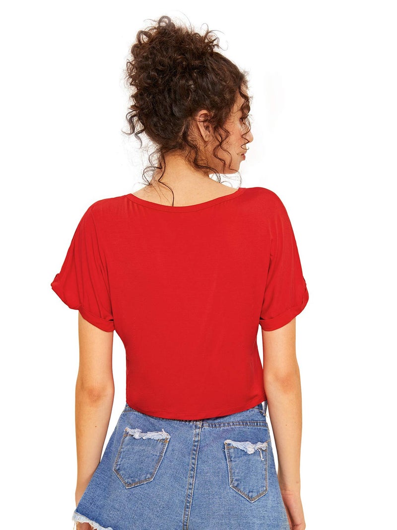 SweatyRocks Women's Casual Round Neck Short Sleeve Soild Basic Crop Top T-Shirt Red Large - Image 2